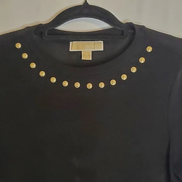 Michael Kors Size S, Black slinky soft knit 3/4 sl dress w/gold grommet trim - Picture 3 of 9